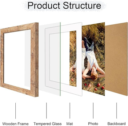 iRahmen 10x12 Picture Frame with HD Tempered Glass, Display Pictures 8x10 with Mat or 10 x 12 Without Mat, Wood Photo Frame for Tabletop and Wall Display (Rustic Brown, 1 Pack)
