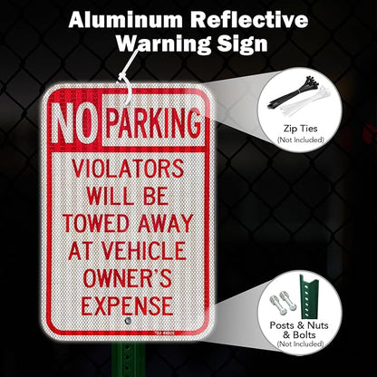 T&R (2 Pack) Large No Parking Sign, Violators Will Be Towed Away at Vehicle Owner's Expense Sign, 18" x 12" Engineer Grade Reflective Sheeting, Rust Free Aluminum, Weather Resistant, Waterproof, Fade Resistant, 2 Pre-drilled Holes