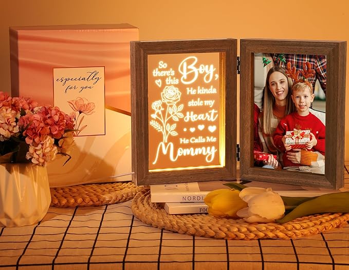 Christmas Gifts for Mom from Daughter Son Kids, Mom Gifts Engraved Night Light with 5x7 Mother Picture Frame Solid Wood, New Mama Gift Mommy Son Picture Frame Mother-in-Law Birthday Gift for Mama