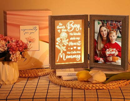 Christmas Gifts for Mom from Daughter Son Kids, Mom Gifts Engraved Night Light with 5x7 Mother Picture Frame Solid Wood, New Mama Gift Mommy Son Picture Frame Mother-in-Law Birthday Gift for Mama
