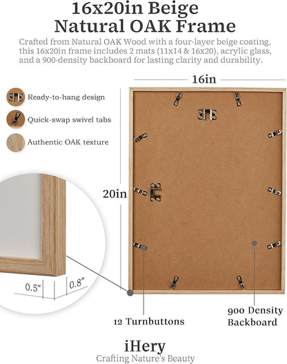 iHery Standard 16x20in Premium Truly Natural OAK Wood Beige Color Picture Frame with 2 Mats (11x14,16x20), Acrylic Glass Thickened Backboard, Minimalist Photo Frames Narrow Border Set of 3