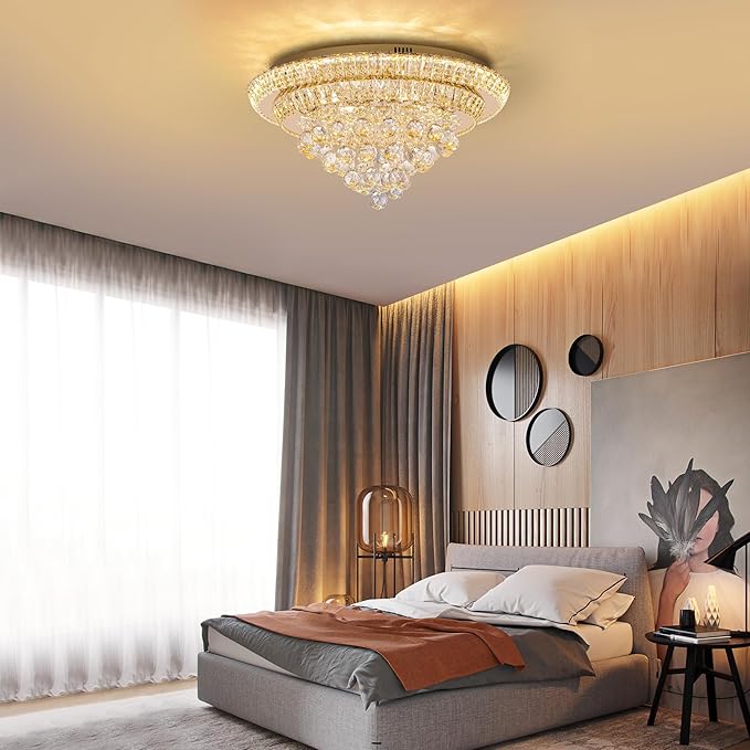 Large LED Crystal Raindrop Ceiling Light,Rose Gold, 24" Elegant Semi Flush Mount Chandelier Light Fixture with Remote Control for Living Room Kitchen Bedroom Hallway Entryway Foyer(Dimmable)