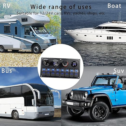 Marine Boat Rocker Switch Panel,Waterproof 8 Gang Toggle Switch Panel with Dual USB and Voltmeter Panel for RVs, Cars, Boats, Trucks,Trailers - 12-24V