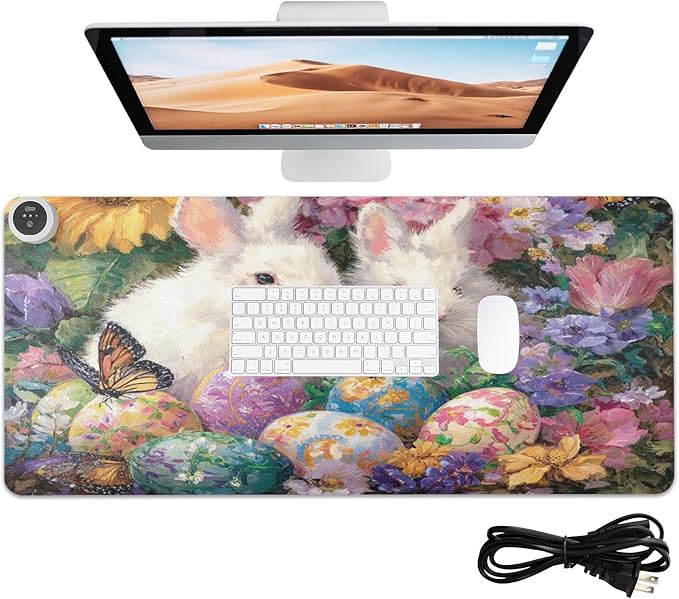 Heated Desk Pad Mouse Pad 31.5x13 Inch PU Leather Desk Mat with 3 Heat Levels Large Mouse Gaming Computer Laptop Mat Easter Bunny Eggs Sunflowers