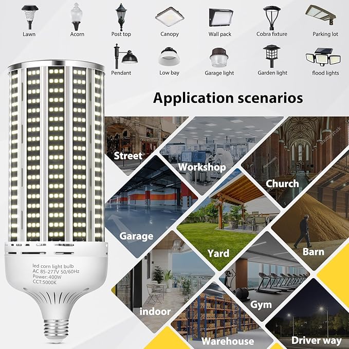 2 Pack 400W LED Corn Light Bulb,3850W Equivalent Commercial Grade 59000LM 5000K Daylight E26/E39 Medium/Mogul Base LED Lamp,Large Area Lights for Outdoor Indoor Garage Warehouse Gym Bay Light