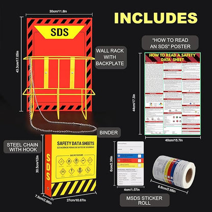 2 Pack MSDS SDS Binder and Wall Station,Yellow Heavy Duty 3 Inch Material Safety Data Sheet 3 Ring Binder with SDS Wire Rack and Display Sign,Chain,Safety Posters,MSDS Labels,Binder Wall Mount