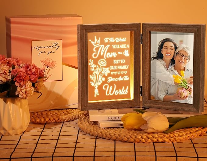 Tiblue Christmas Gifts for Mom from Daughter Son Best Mom Gifts Unique, Engraved Night Light with Mother Picture Frame 5x7, Solid Wood New Mama Mothers Day Gift for Mother-in Law Wife