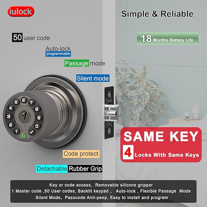 Smart Door Knob with Keypad and Key,Keyless Entry Door Lock with Rubber Grip, Auto Lock,50 User Code,Waterproof, Easy to Install and Program for Bedroom(Stain Nickel Same Key 4 Pack)