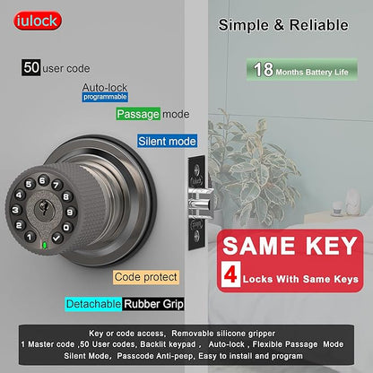 Smart Door Knob with Keypad and Key,Keyless Entry Door Lock with Rubber Grip, Auto Lock,50 User Code,Waterproof, Easy to Install and Program for Bedroom(Stain Nickel Same Key 4 Pack)