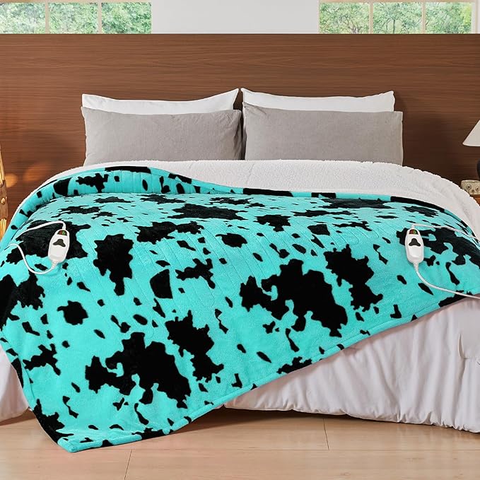 Cow Print Electric Heated Blanket Queen Size,84X90 Green Heating Blanket Queen With Dual Control&Timer&10 Heat Levels,Highland Cow Decor Fleece Sherpa Blankets Warmer Gifts for Bed Women Adults