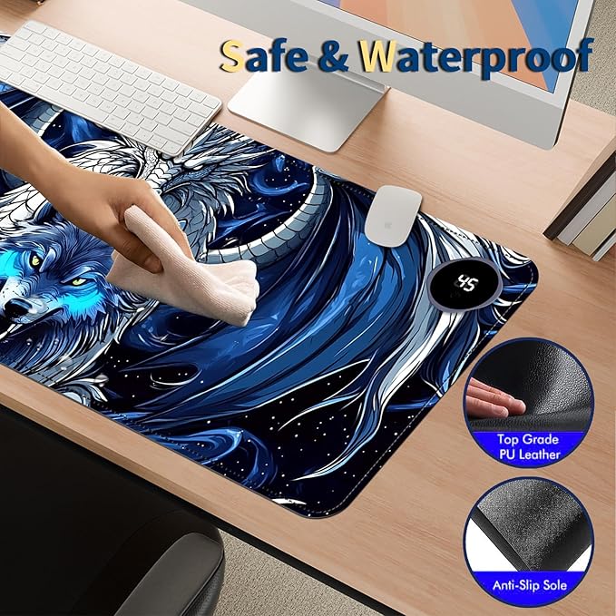 Heated Mouse Pad with 3 Temperature Settings(104°F–122°F),Large 31.5x13 Inch PU Leather Heated Desk Mat,Waterproof Warming Pad for Office,Gaming & Cold Hands Relief,Dragon and Wolf