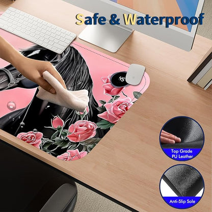 Heated Mouse Pad with 3 Temperature Settings(104°F–122°F),Large 24x14.2 Inch PU Leather Heated Desk Mat,Waterproof Warming Pad for Office,Gaming & Cold Hands Relief,Pink Rose Black Horse