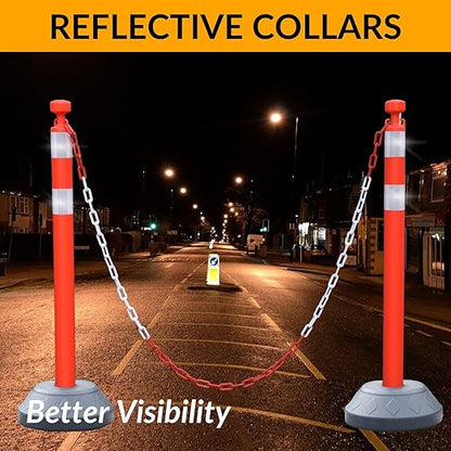 6 Pack 40 Inch Traffic Delineator Posts with Fillable Base and 6.6FT Plastic Chain, Safety Delineator Post Cones with 2 White Reflective Stripes for Construction Work (Red)