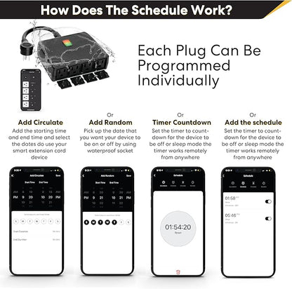 Smart Heavy Duty Outdoor Power Strip WiFi Plug Water-Resistant Socket, Electrical Power Extension Cord, Outlet Switch and Timer Works Remotely with Alexa, G Assistant (4 Sockets) Black
