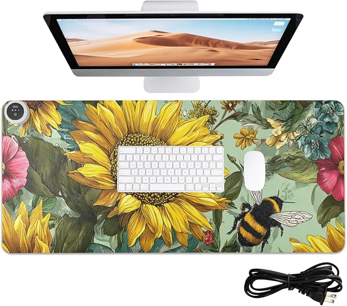 Heated Desk Pad Mouse Pad 31.5x13 Inch PU Leather Desk Mat with 3 Heat Levels Large Mouse Gaming Computer Laptop Mat Bees Sunflowers Leaves Green