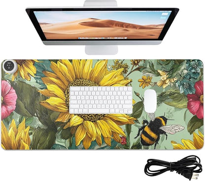 Heated Desk Pad Mouse Pad 31.5x13 Inch PU Leather Desk Mat with 3 Heat Levels Large Mouse Gaming Computer Laptop Mat Bees Sunflowers Leaves Green