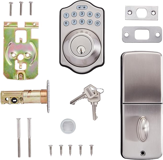 Amazon Basics Traditional Electronic Keyless Keypad Deadbolt Door Lock, keyless Entry Door Lock, Keyed Entry Option, 1-Pack, Satin Nickel