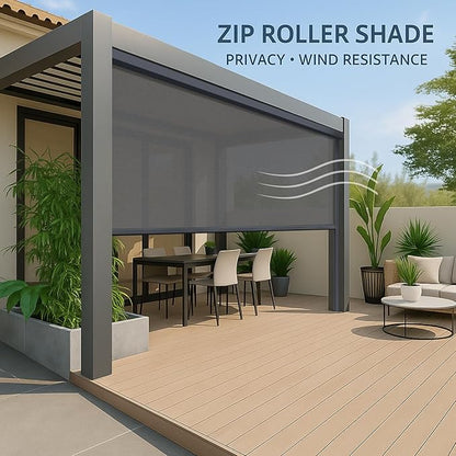 ZSHINE Hard-Wired Outdoor Weatherproof Motorized Patio Roller Shades Remote Control for Porch Balcony Customized Size (White Grey 5% Openness)