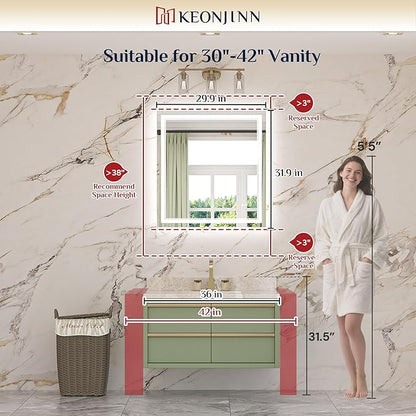Keonjinn 30" x 32" Bathroom LED Mirror, Front & Back Lighted Mirror for Bathroom Wall, HD Tempered Glass, Safe Anit-Fog, 3000K/4500K/6500K, Dimmable, Frameless LED Wall Mirror with Lights