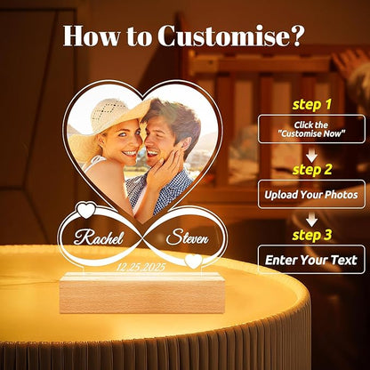 Custom Picture Frames with Photo, Custom Photo Frame with Night Light, Personalized Picture Frame, Personalized Anniversary Valentines Day Gifts for Women Men Him Her Girlfriend Boyfriend Couple Wife