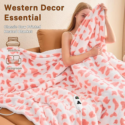 Pink Cow Print Heated Electric Blanket Throw,50X60 Heating Blanket with 10 Heats Levels & 8 Hours Auto Off,Cute Cow Decor Stuff Soft Fleece Sherpa Blankets Warmer Gifts for Women Washable