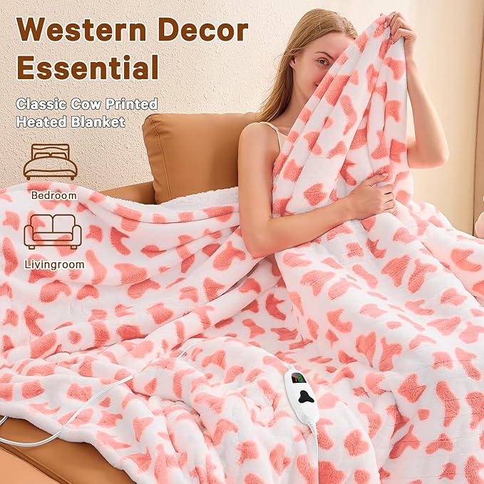 Cow Print Heated Electric Blanket Twin,62X84 Pink Heating Blanket with 10 Heats Levels & 8 Hours Auto Off,Cute Cow Decor Fleece Sherpa Blankets Warmer Gifts for Women Couch Office,Washable