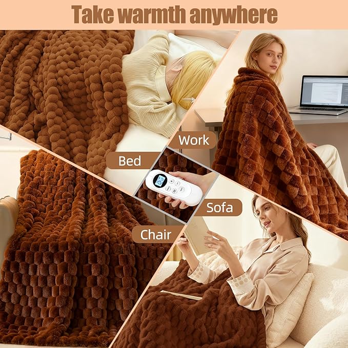 Electric Heated Blanket 90''x100'' – Large Soft Ribbed Faux Fur Fast Heating Blanket with 12 Heat Settings, 1–12H Timer, Overheat Protection ETL & FCC Certified Machine Washable