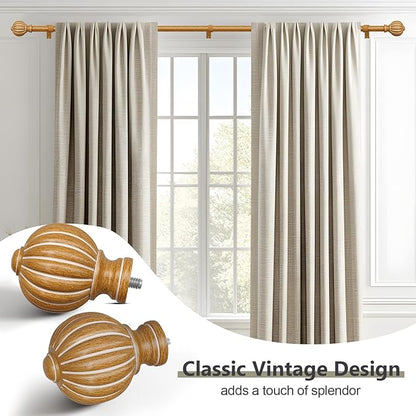 Wood Curtain Rods for Windows 28 to 48 Inch, 1'' Adjustable Heavy Duty Curtain Rod，Vintage Imitation Wood Grain Decorative Drapery Rods with Pumpkin Finials for Bedroom Living Room
