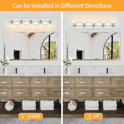 5 Light Modern Bathroom Light Fixtures Over Mirror, Chrome Vanity Lights for Bathroom Wall Sconces with Clear Glass Shades, E26 Socket (Bulbs Not Included)