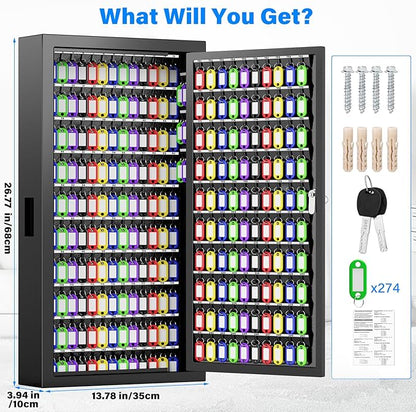 250 Keys Key Lock Box Wall Mount with Additional 24 Side Hooks and Key Tags, Anti-Theft Key Box Key Cabinet with Side Drop Slot, Key Organizer Key Safe for Home Office Garage Rental Business