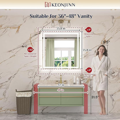 Keonjinn 36" x 36" Square Bathroom Mirror with Lights, Frontlit & Backlit LED Mirror, Safe Tempered Glass, 3 Color Lights, Dimmable, Defogging, Smart Bathroom Vanity Mirror for Wall