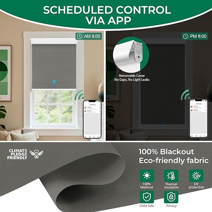 Allesin No Drill Motorized Roller Blinds – Rechargeable Electic Blackout Shades with Cassette Cover, Utral-Quiet Motor, Automatic Blind with Remote for Indoor Windows (Smoky Gray, 28" W x 72" H)
