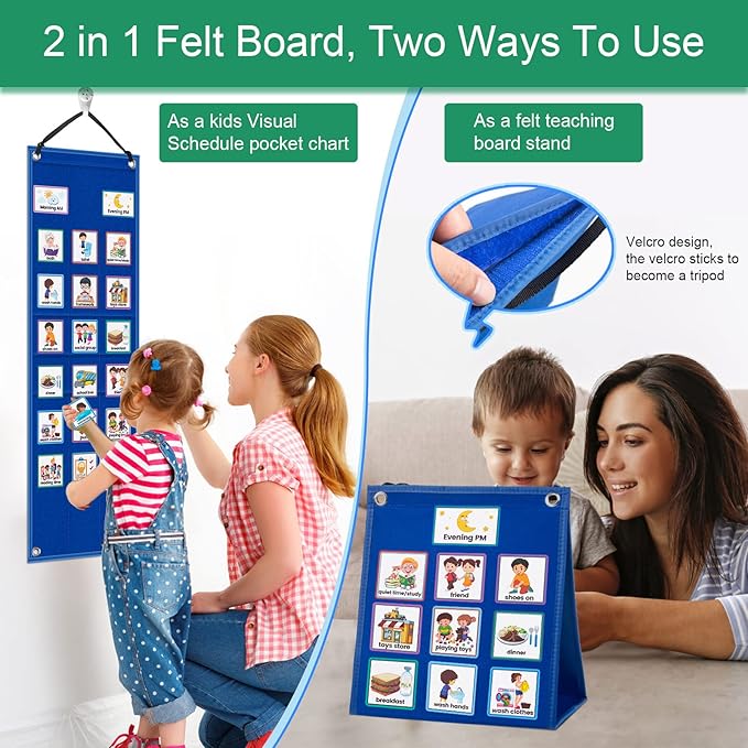 KIKIGOAL Kids Visual Schedule Calendar Chart, 2 in 1 Autism Daily Chore Routine Chart with 70 Cards Autism Learning Materials Kids Visual Behavioral Tool Wall Planner for Home School (Blue)