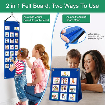 KIKIGOAL Kids Visual Schedule Calendar Chart, 2 in 1 Autism Daily Chore Routine Chart with 70 Cards Autism Learning Materials Kids Visual Behavioral Tool Wall Planner for Home School (Blue)