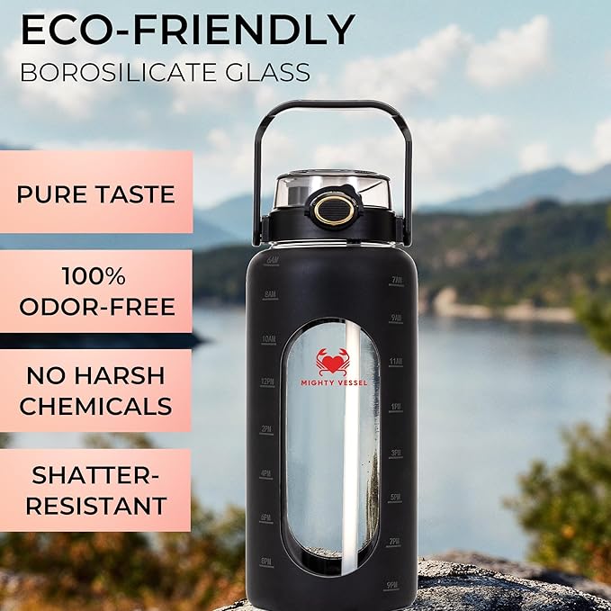 64 oz Glass Water Bottle – Black | Large Leakproof Shatter-Resistant Borosilicate Bottle with Straw, Silicone Sleeve, Time Marker – Half Gallon for Travel, Gym, Daily Intake