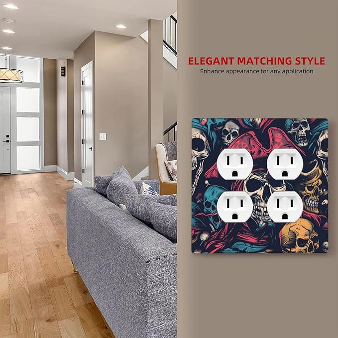 Outlet Covers Pirate Colourful Skeleton Red Hat 2 Gang Double Duplex Decorative Light Switch Covers Electrical Wallplates Socket Faceplate For Farmhouse Cabin Decor