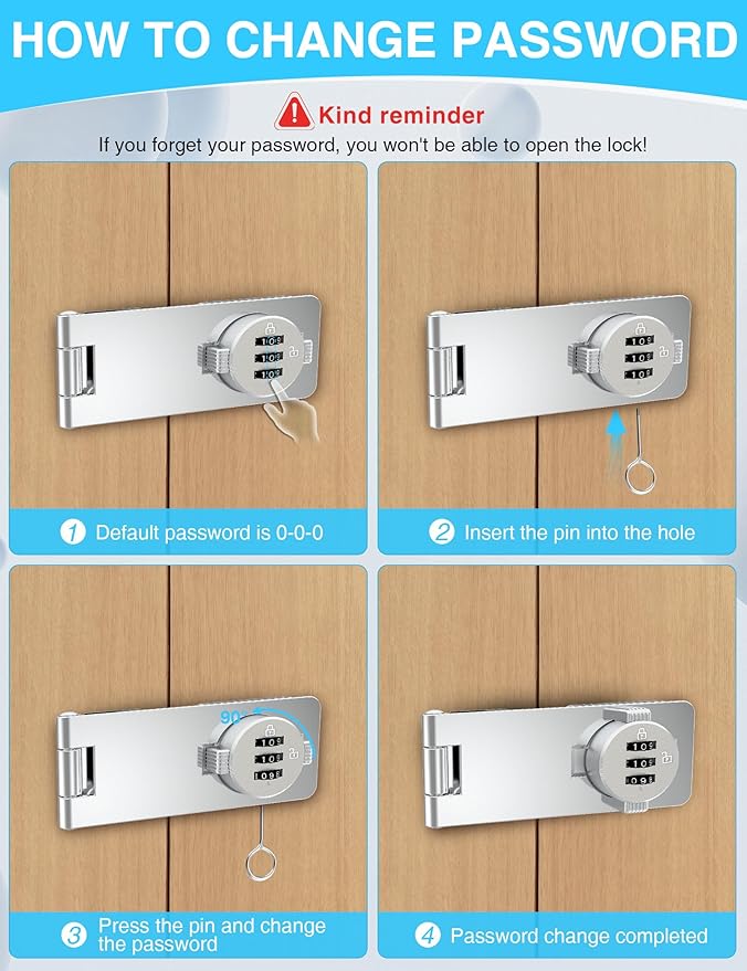 Keyless Cabinet Combination Lock 3-Digit Password Twist Knob Hasp Latch Durable Zinc Alloy Keyless Lock for Doors, Cabinets,Drawers, Closets & Fences (2 Pack, Silver)
