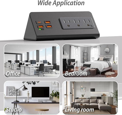 Power charge station edge clamp mount with USB-C portsTabletop Surge Protector Desk Clamp Power Sockets with 3 AC Outlets and 4 Fast Charging USB Ports for Home Office Hotel and Dormitory (Black-2pcs)