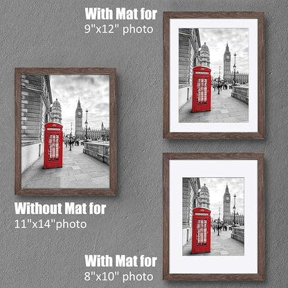 11x14 Rustic Picture Frames Solid Wood - Display Pictures 9x12 or 8x10 with Mat or 11x14 Frame without Mat - Farmhouse Wooden Photo Frame 11x14 inch with 2 Mats for Wall Mounting or Table Top, 2 Set