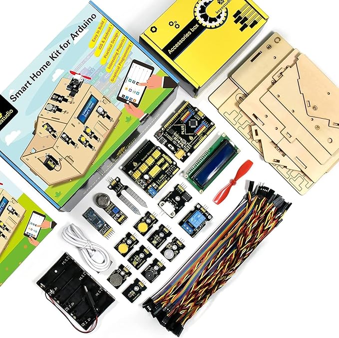 KEYESTUDIO Smart Home Starter Kit for Arduino for Uno R3, Electronics Home Automation Coding Kit, Wooden House DIY Sensor Kit STEM Educational Set for Adults Teens 15+
