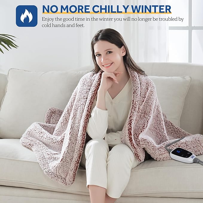 SEALY Electric Blanket Heated Throw 50"x60" Soft Double Sherpa Super Cozy with 6 Fast Heating Levels & 2-10 Hours Auto-Off, Over-Heat Protection, Machine Washable, Rust Red