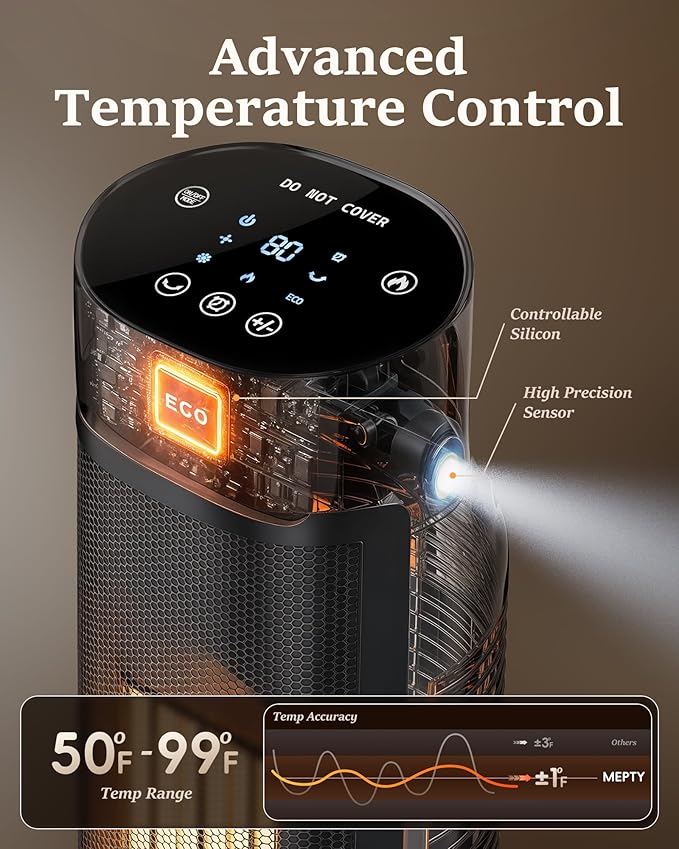 MEPTY 1500W Portable Space Heater Large Room, Electric Space Heaters for Indoor Use with 120° Oscillation, 24H Timer, ECO Mode, 3D Flame, Energy Efficient, Tower Heaters for Office, Bedroom