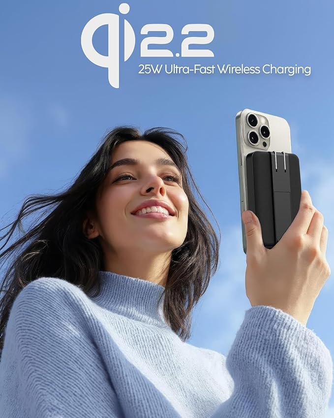 myCharge CliqLuxe+ 10,000mAh Wireless Magnetic Power Bank - Qi2.2 25W Ultra-Fast Wireless Charging | Built-in Wall Plug & Stand | 20W PD USB-C Port | Digital Battery Display | Premium Black Fabric
