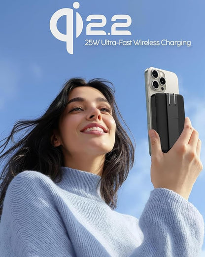 myCharge CliqLuxe+ 10,000mAh Wireless Magnetic Power Bank - Qi2.2 25W Ultra-Fast Wireless Charging | Built-in Wall Plug & Stand | 20W PD USB-C Port | Digital Battery Display | Premium Black Fabric