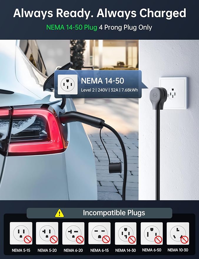 Raylix 32A Level 2 Fast Charger for Tesla, Adjustable Current, Delay Charge, Smart Display, 7.68KW Mobile/Home Charger for Tesla, 21ft Cable, Connector for Model X/Y/3/S/Cybertruck, NEMA 14-50 Plug