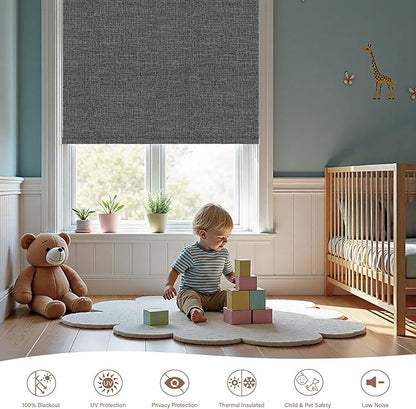 Motorized Roller Blinds with Remote, 100% Blackout Automatic Roller Shades for Bedroom, Bathroom, and Living Room, Customized Size, Starry Gray