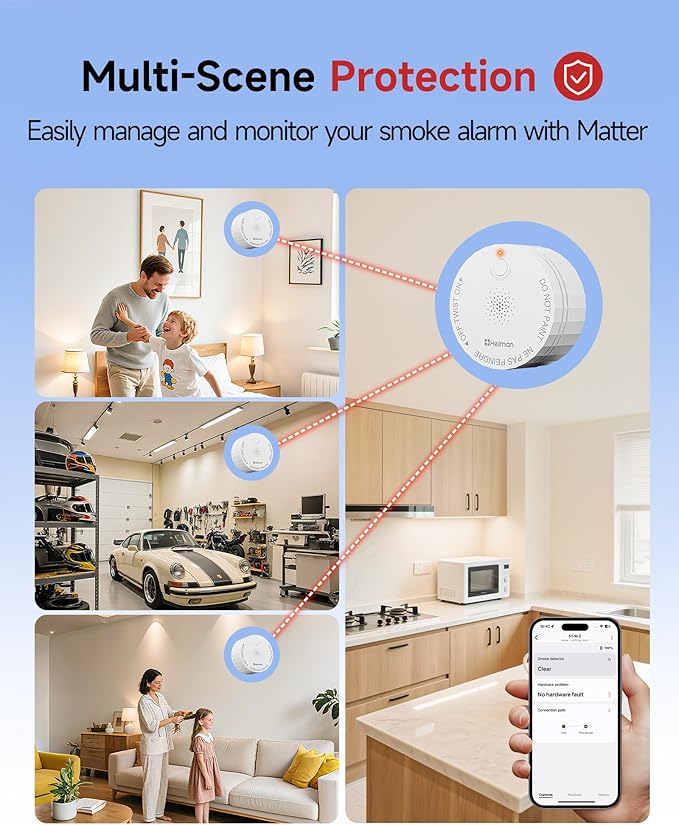 Heiman Matter Smoke Detector, Smart Photoelectric Fire Alarm, Ul217-9Th Listed, Battery Powered, Real-Time Notification, Compatible With Smartthings, Home Assistant, Mini Portable For Home, Rv, Travel