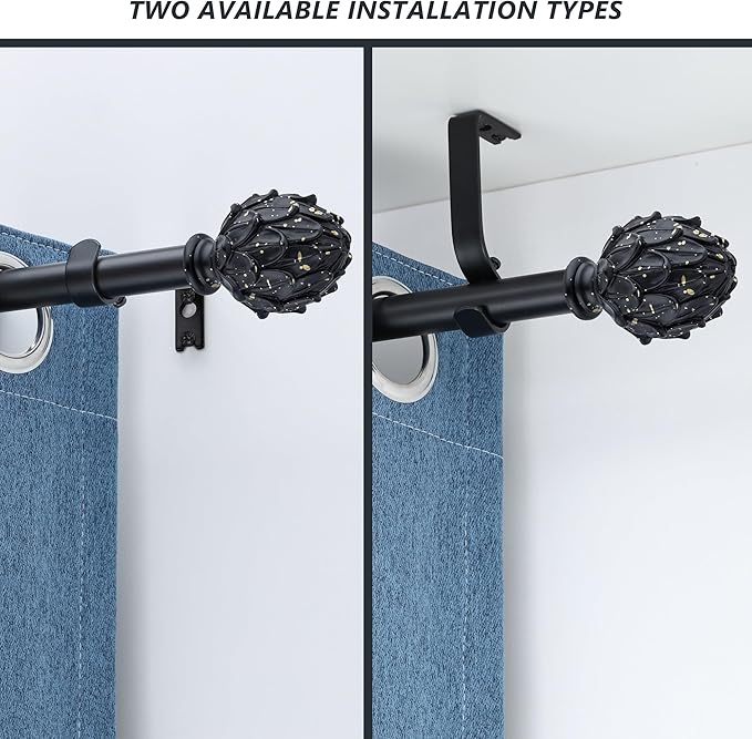 Curtain Rods for Windows 28 to 48 Inches 6/8 Inch Diameter Adjustable Drapery Rods Decorative Single Window Curtain Rods with Classic Finials,Black