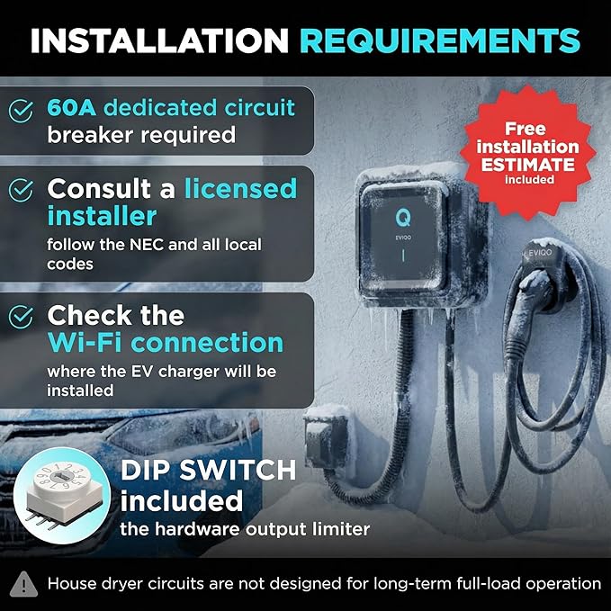 EVIQO EV Charger Level 2 48 Amp - Level 2 EV Charger Hardwired, 240V Electric Vehicle Charging Stations, J1772 Chargers 11.5kW, Wall EV Chargers for Home, EVSE EV Charging Station 25' Cord - Gen 2