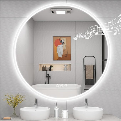 STARLEAD 40" LED-Bathroom-Mirror-with-Lights, Wall-Mounted with Bluetooth Speaker, Anti-Fog, 3 Color Temperature, Dimmable Brightness, Waterproof, Tempered Glass, Frontlit & Backlit, Round